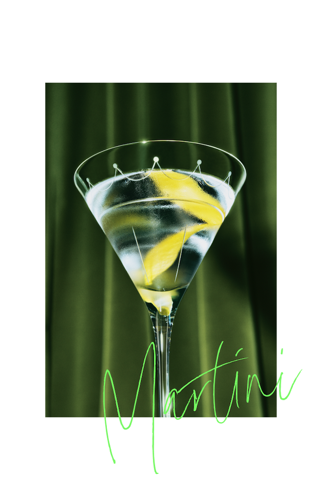 A martini cocktail with a twist of lemon peel.