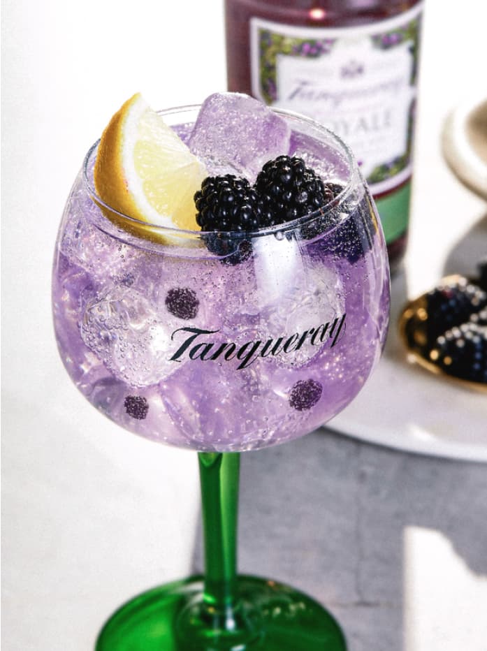 A Tanqueray Blackcurrant Royale and Lemonade cocktail in a Tanqueray branded glass garnished with dark berries and a lemon slice
