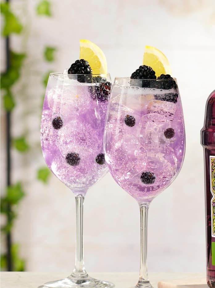 Two Tanqueray Blackcurrant Royale Spritz cocktails garnished with dark berries and lemon slices.